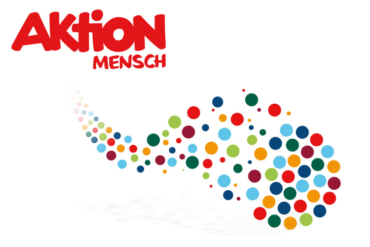 Logo der Aktion Mensch und Wolken aus bunten Punkten