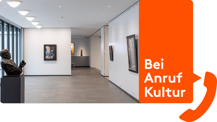 Ausstellung Kanzlerkultur im Barlachhaus kombiniert mit Telefonhörer und Sprechblase "Bei Anruf Kultur"