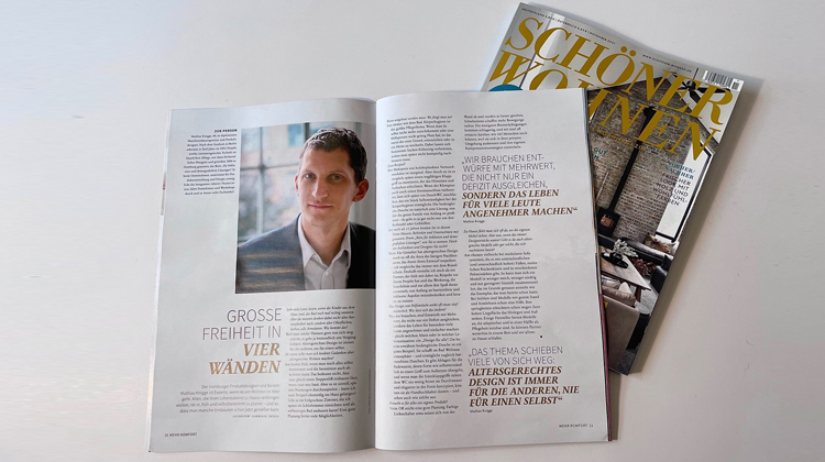 Aufgeschlagene Seite der Zeitschrift SCHÖNER WOHNEN zeigt das Interview mit Mathias Knigge