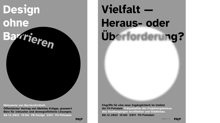 Logo Schwarzer Punkt auf grauem Grund. Text Design ohne Barrieren
